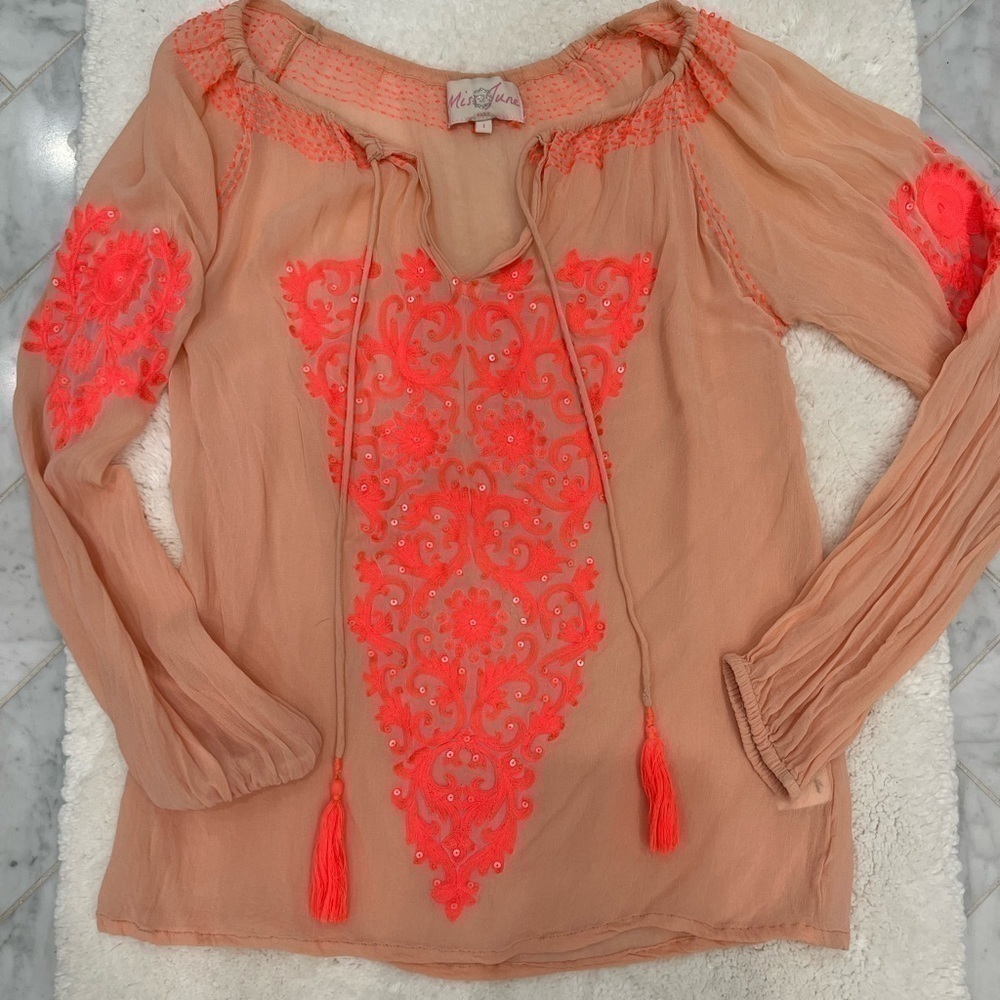 MISS JUNE PARIS Gorgeous Boho Embroidered Sheer W/ Tassels VGUC Size Small or 1